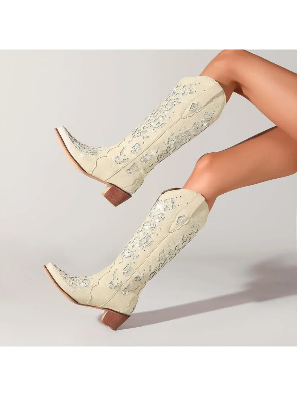 Women's White Mid Calf Cowgirl Boot Rhinestone Comfortable Chunky Heel Western - Picture 3 of 5